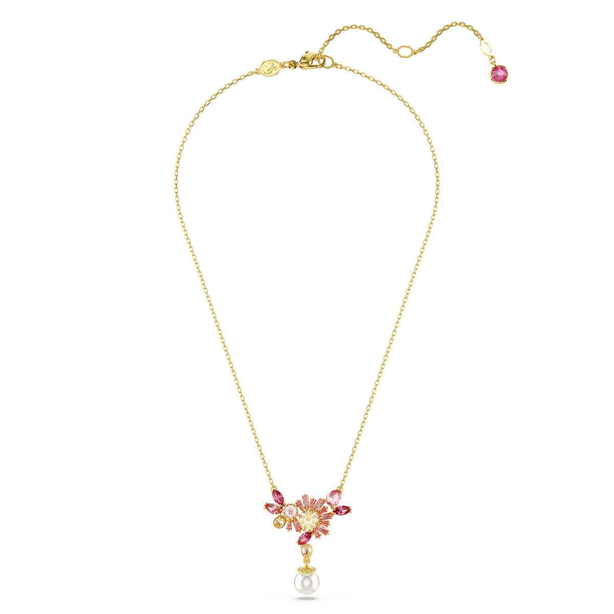 Swarovski Gema pendant, Mixed cuts, Crystal pearl, Flower, Pink, Gold-tone plated